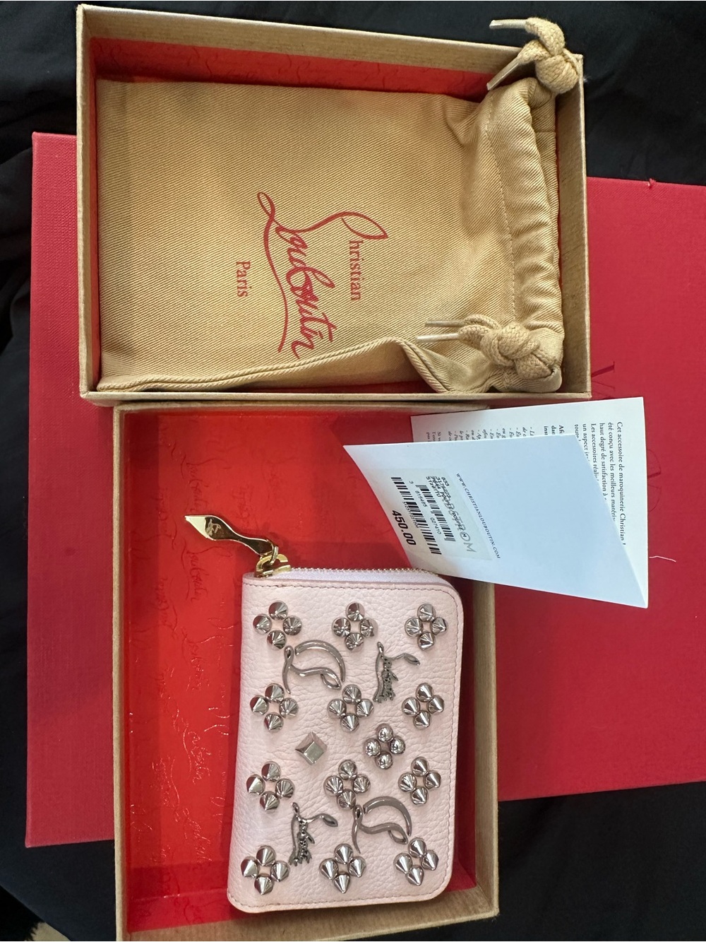 Christian Louboutin Pink Leather silver Studded wallet NIB